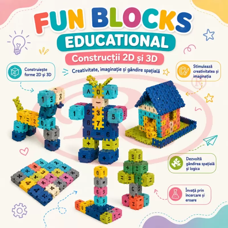 Set de constructie STEM Fun Blocks cu 480 de piese in culori macarons, litere, numere si simboluri matematice
