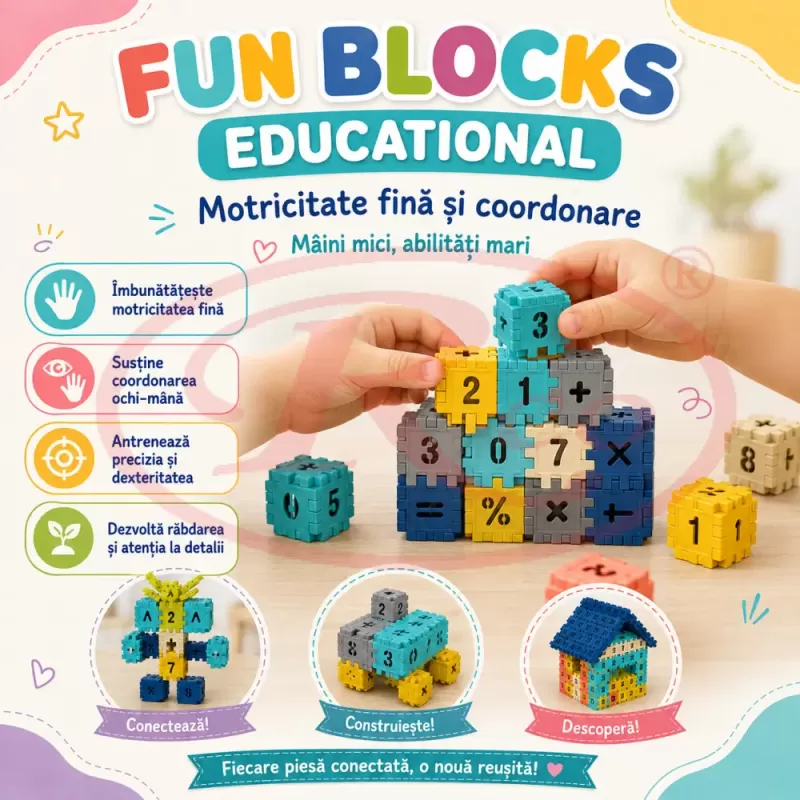 Set de constructie STEM Fun Blocks cu 480 de piese in culori macarons, litere, numere si simboluri matematice