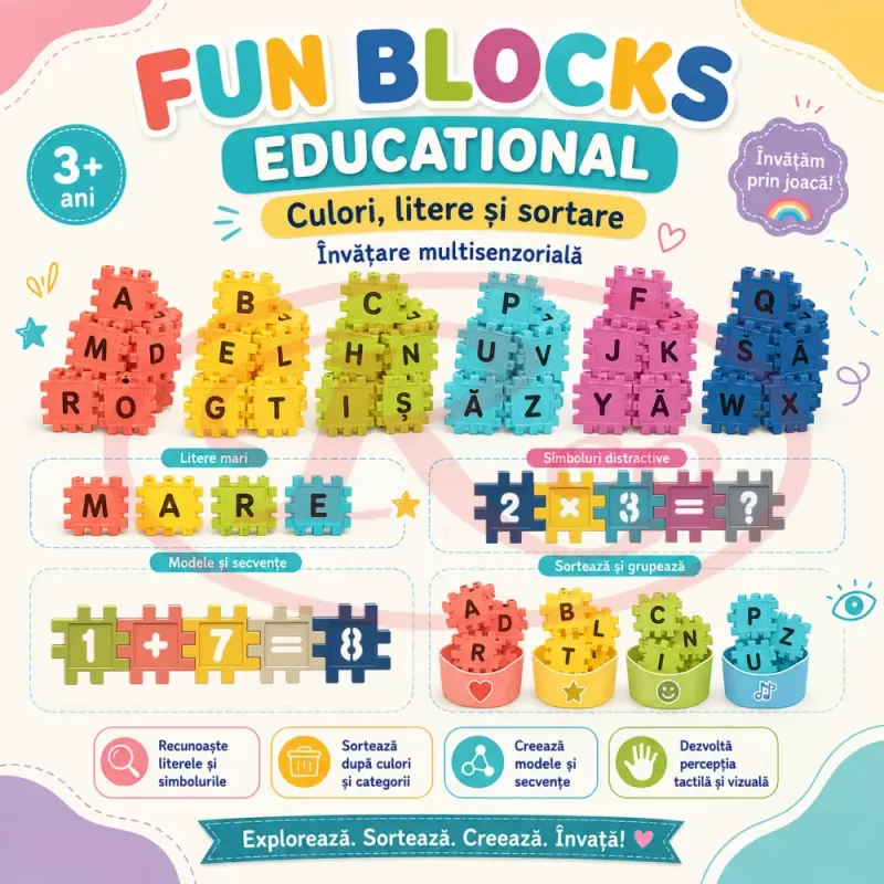 Set de constructie STEM Fun Blocks cu 480 de piese in culori macarons, litere, numere si simboluri matematice