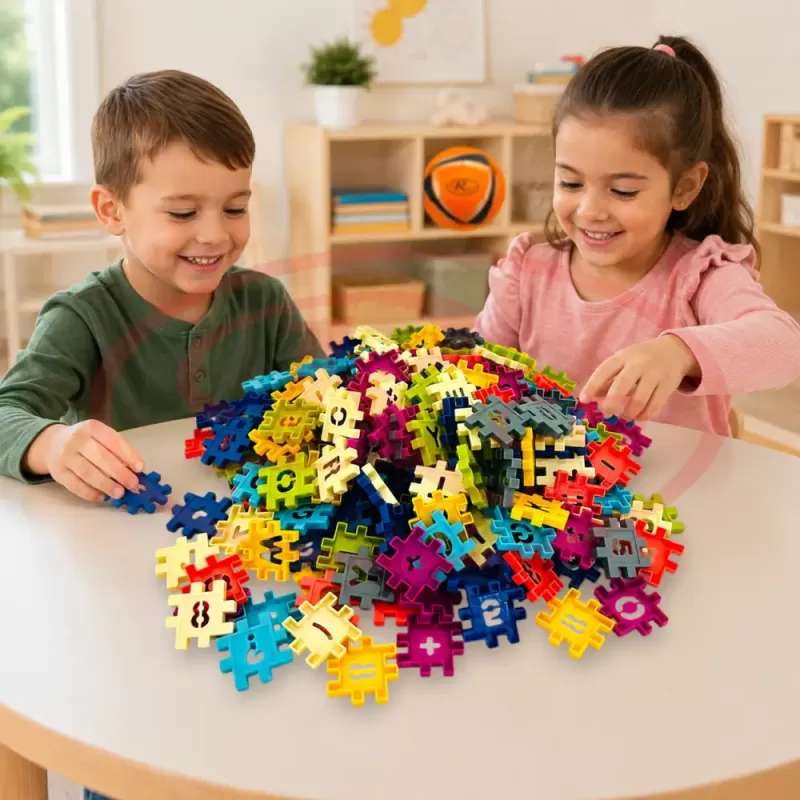 Set de constructie STEM Fun Blocks cu 480 de piese in culori macarons, litere, numere si simboluri matematice