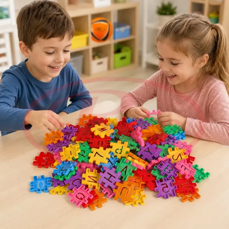 Set de constructie STEM Fun Blocks cu 480 de piese in culori multicolor, litere, numere si simboluri matematice