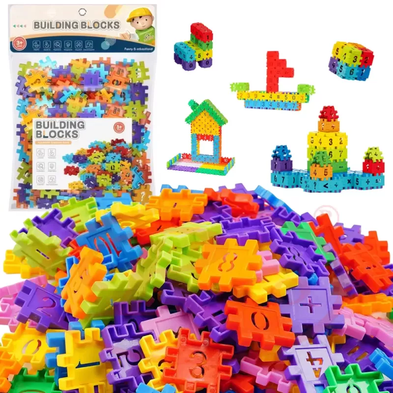 Set de constructie STEM Fun Blocks cu 480 de piese in culori multicolor, litere, numere si simboluri matematice