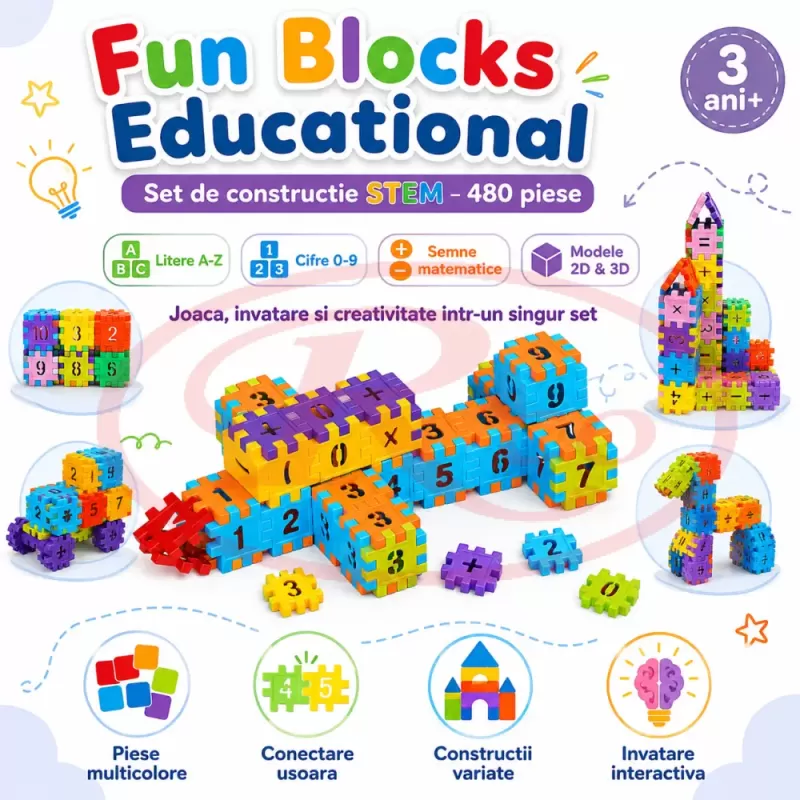 Set de constructie STEM Fun Blocks cu 480 de piese in culori multicolor, litere, numere si simboluri matematice