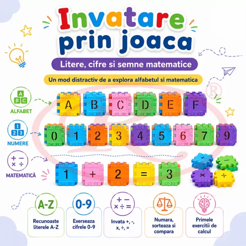 Set de constructie STEM Fun Blocks cu 480 de piese in culori multicolor, litere, numere si simboluri matematice