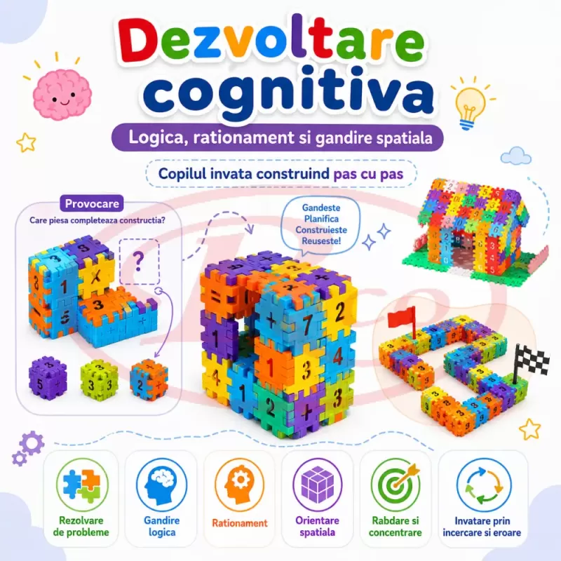 Set de constructie STEM Fun Blocks cu 480 de piese in culori multicolor, litere, numere si simboluri matematice