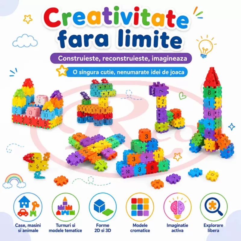 Set de constructie STEM Fun Blocks cu 480 de piese in culori multicolor, litere, numere si simboluri matematice