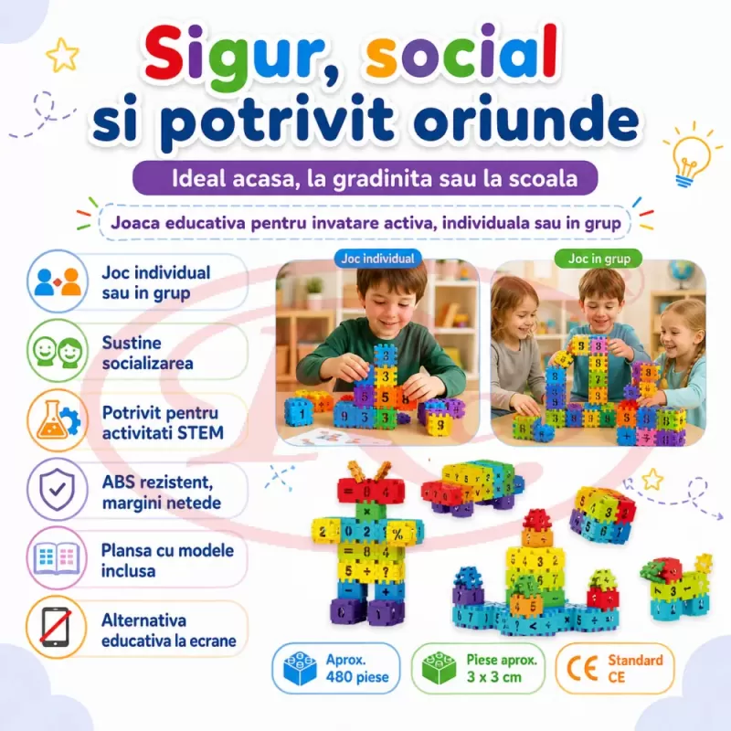 Set de constructie STEM Fun Blocks cu 480 de piese in culori multicolor, litere, numere si simboluri matematice