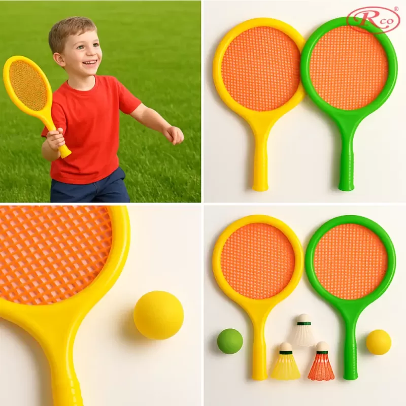 Set palete de Badminton/Tenis pentru Copii din ABS cu fata de material elastic perforat, cu accesorii incluse, 7 piese