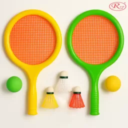 Set rachete de Badminton/Tenis pentru Copii din ABS cu fata de material elastic perforat, cu accesorii incluse, 7 piese