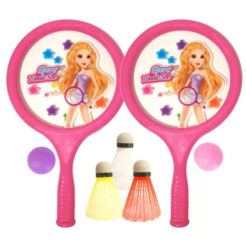 Set palete de Badminton/Tenis pentru Copii din ABS cu fata de Plexiglas si model imprimat, cu accesorii incluse, 7 piese