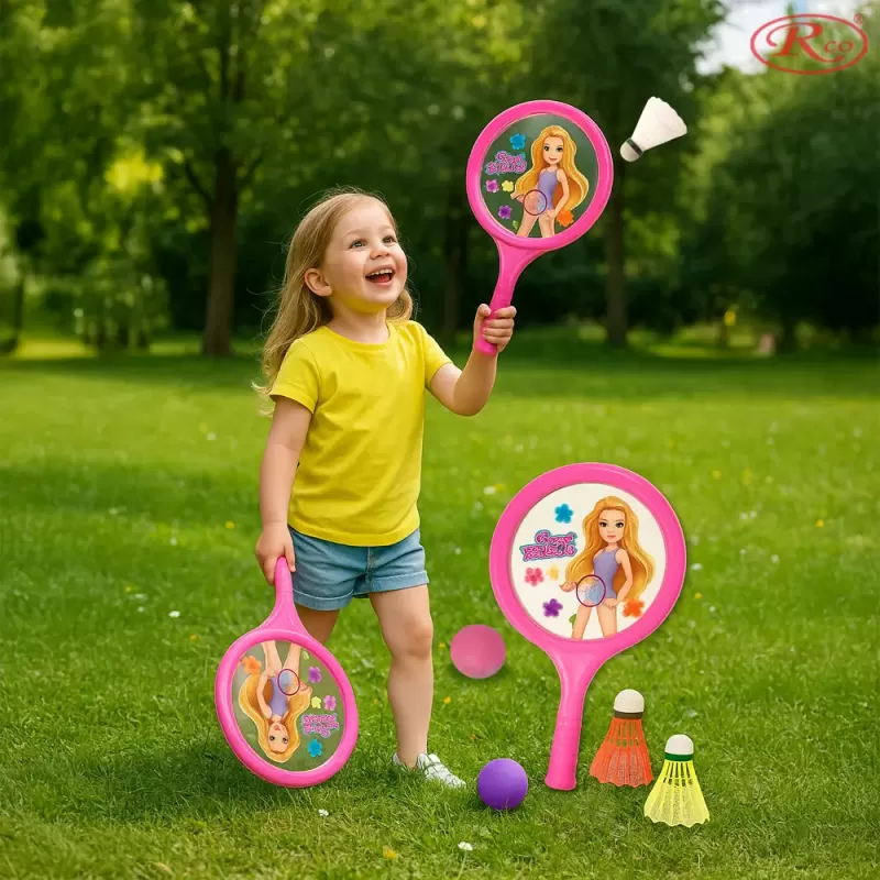Set palete de Badminton/Tenis pentru Copii din ABS cu fata de Plexiglas si model imprimat, cu accesorii incluse, 7 piese