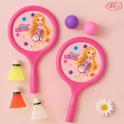 Set rachete de Badminton/Tenis pentru Copii din ABS cu fata de Plexiglas si model imprimat, cu accesorii incluse, 7 piese
