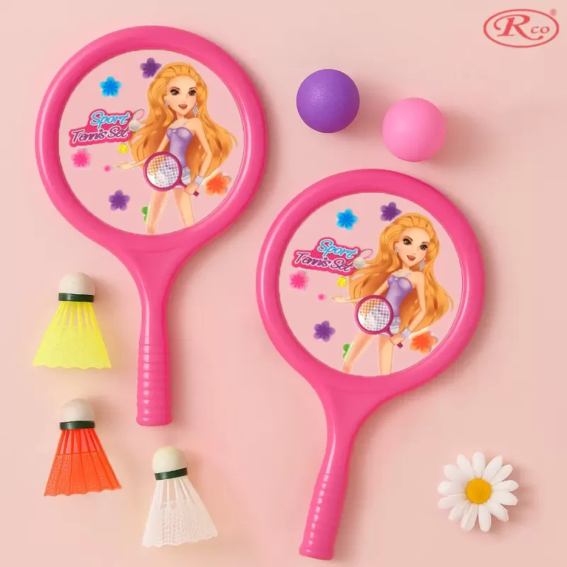 Set palete de Badminton/Tenis pentru Copii din ABS cu fata de Plexiglas si model imprimat, cu accesorii incluse, 7 piese