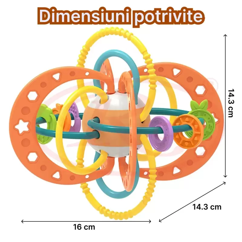 Jucarie pentru bebelusi, Minge cu Inele, din silicon pentru dentitie si motricitate, unisex, Portocaliu, +0 luni