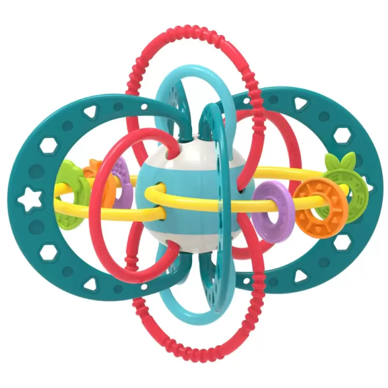 Jucarie pentru bebelusi, Minge cu Inele, din silicon pentru dentitie si motricitate, unisex, Albastru, +0 luni