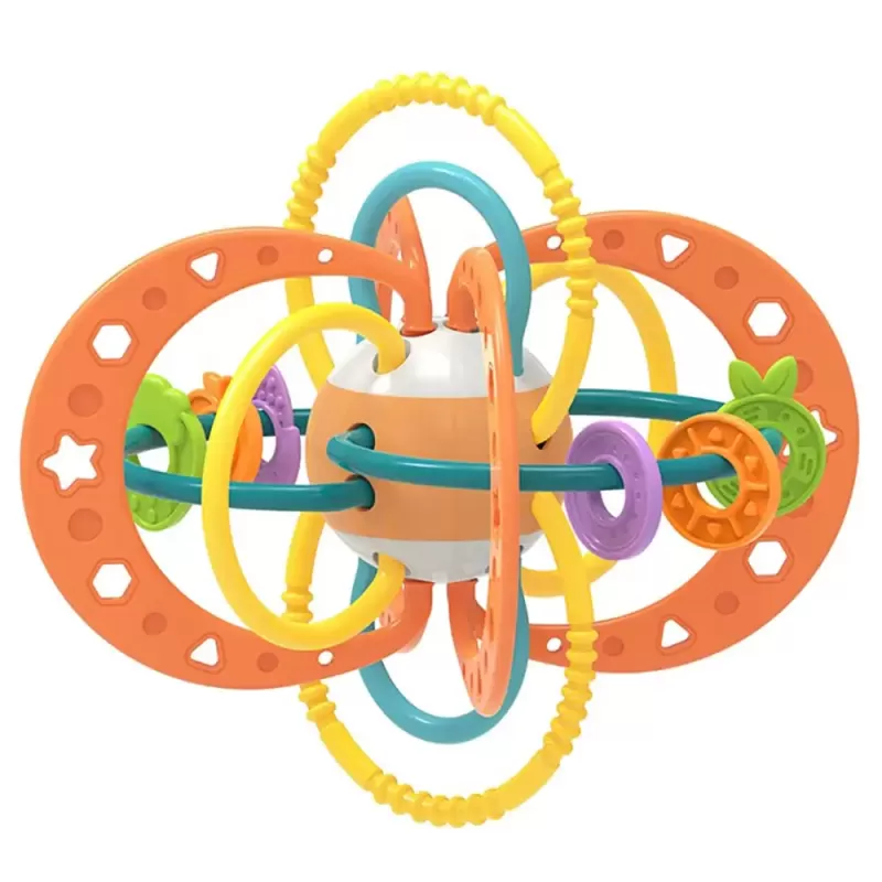 Jucarie pentru bebelusi, Minge cu Inele, din silicon pentru dentitie si motricitate, unisex, Portocaliu, +0 luni
