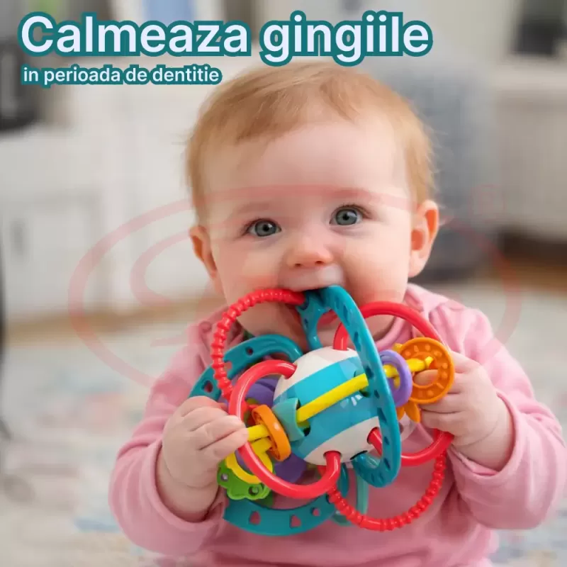 Jucarie pentru bebelusi, Minge cu Inele, din silicon pentru dentitie si motricitate, unisex, Albastru, +0 luni
