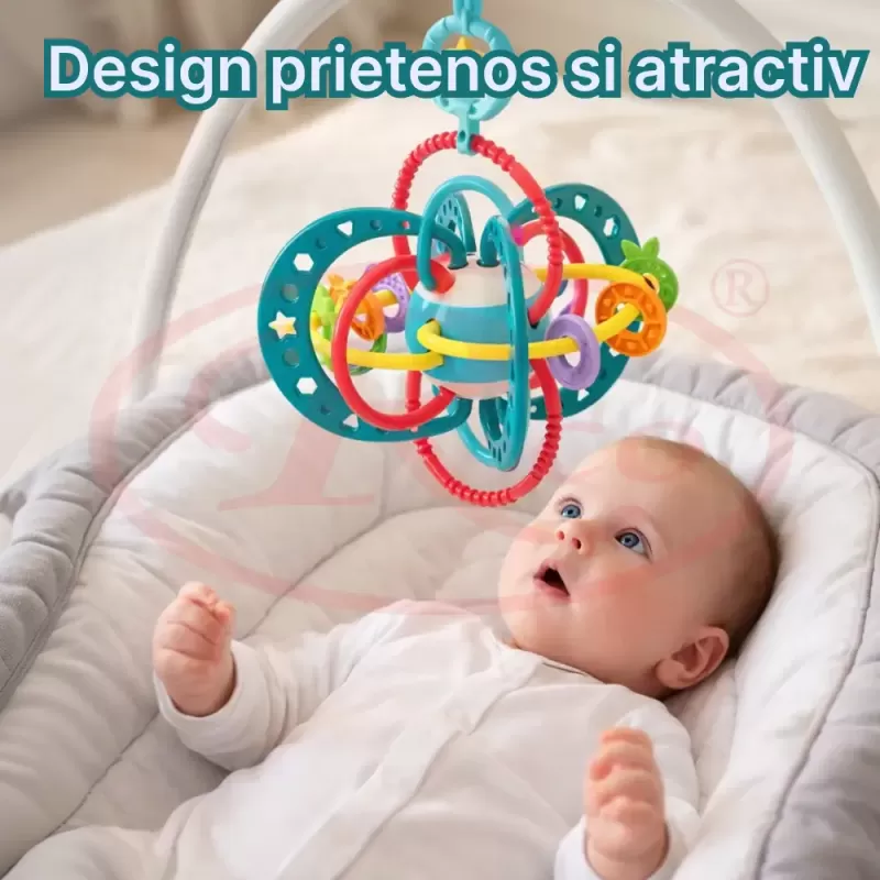 Jucarie pentru bebelusi, Minge cu Inele, din silicon pentru dentitie si motricitate, unisex, Albastru, +0 luni