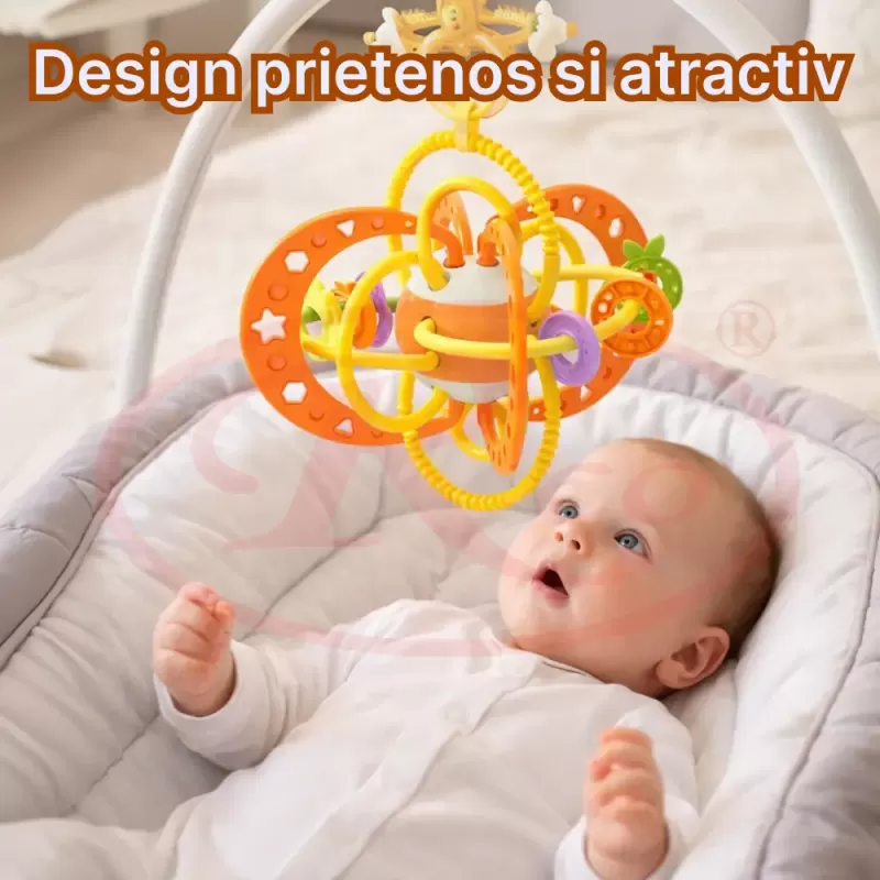 Jucarie pentru bebelusi, Minge cu Inele, din silicon pentru dentitie si motricitate, unisex, Portocaliu, +0 luni