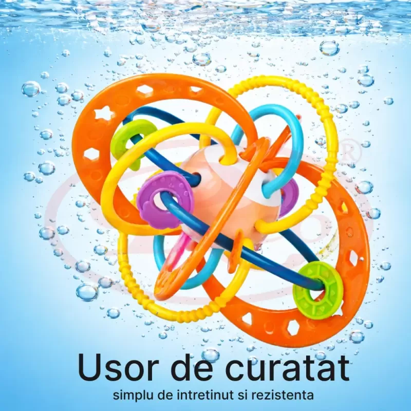 Jucarie pentru bebelusi, Minge cu Inele, din silicon pentru dentitie si motricitate, unisex, Portocaliu, +0 luni