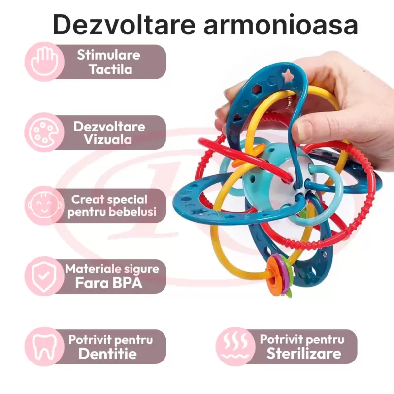 Jucarie pentru bebelusi, Minge cu Inele, din silicon pentru dentitie si motricitate, unisex, Albastru, +0 luni