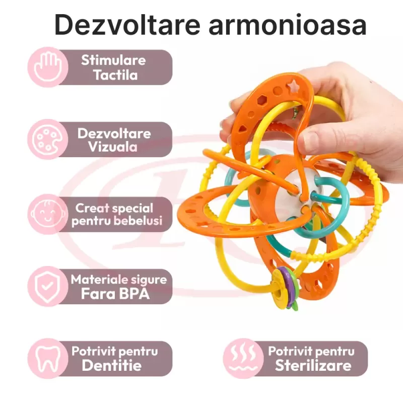Jucarie pentru bebelusi, Minge cu Inele, din silicon pentru dentitie si motricitate, unisex, Portocaliu, +0 luni