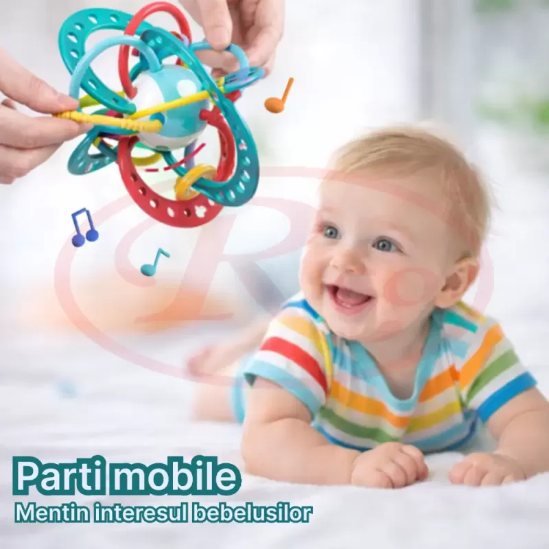 Jucarie pentru bebelusi, Minge cu Inele, din silicon pentru dentitie si motricitate, unisex, Albastru, +0 luni