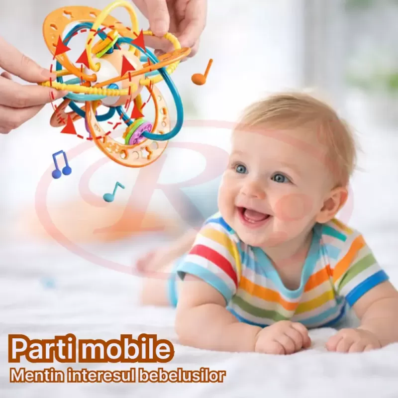 Jucarie pentru bebelusi, Minge cu Inele, din silicon pentru dentitie si motricitate, unisex, Portocaliu, +0 luni