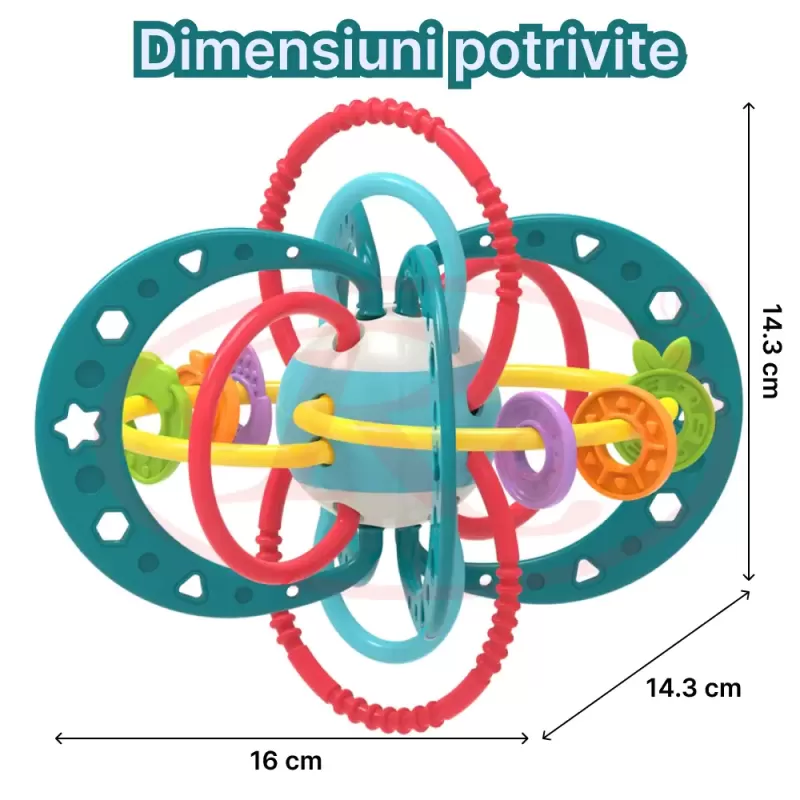 Jucarie pentru bebelusi, Minge cu Inele, din silicon pentru dentitie si motricitate, unisex, Albastru, +0 luni