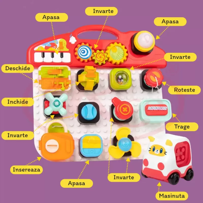 Jucarie educativa Busy Board interactiv Musical, 15 piese detasabile, lumini si sunete, 18 luni+, WW6023