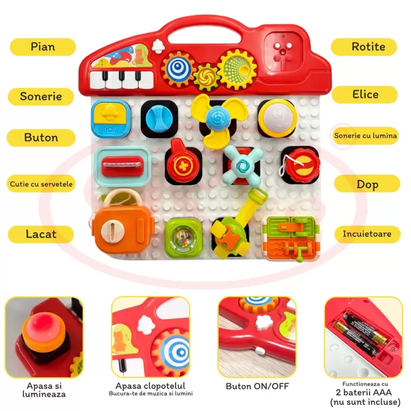 Jucarie educativa Busy Board interactiv Musical, 15 piese detasabile, lumini si sunete, 18 luni+, WW6023