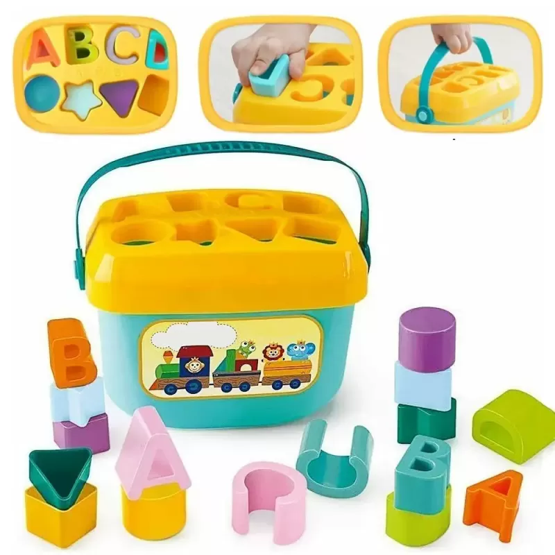 Cutie sortator cu forme geometrice si litere Baby First Blocks pentru invatare prin joaca, 16 piese colorate