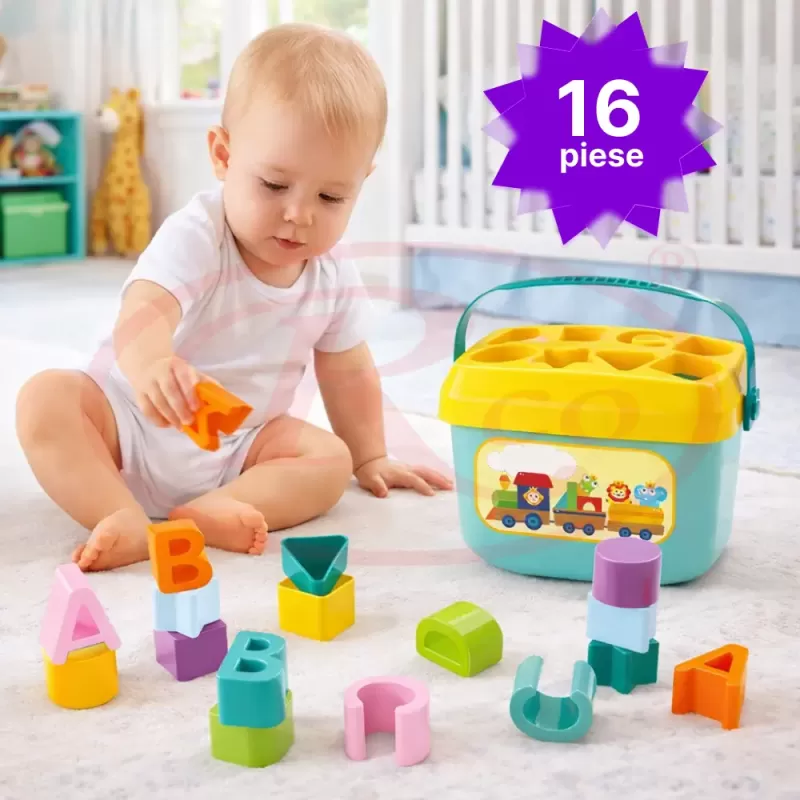 Cutie sortator cu forme geometrice si litere Baby First Blocks pentru invatare prin joaca, 16 piese colorate