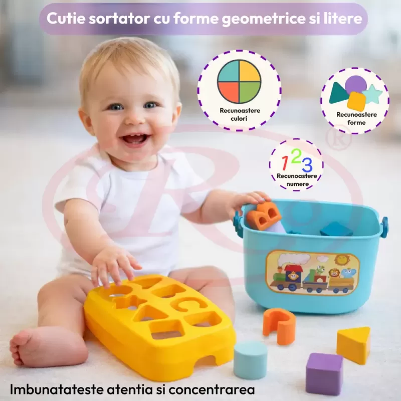 Cutie sortator cu forme geometrice si litere Baby First Blocks pentru invatare prin joaca, 16 piese colorate