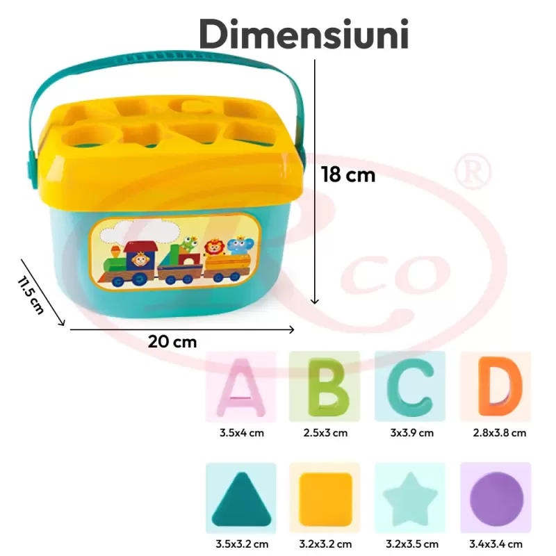 Cutie sortator cu forme geometrice si litere Baby First Blocks pentru invatare prin joaca, 16 piese colorate