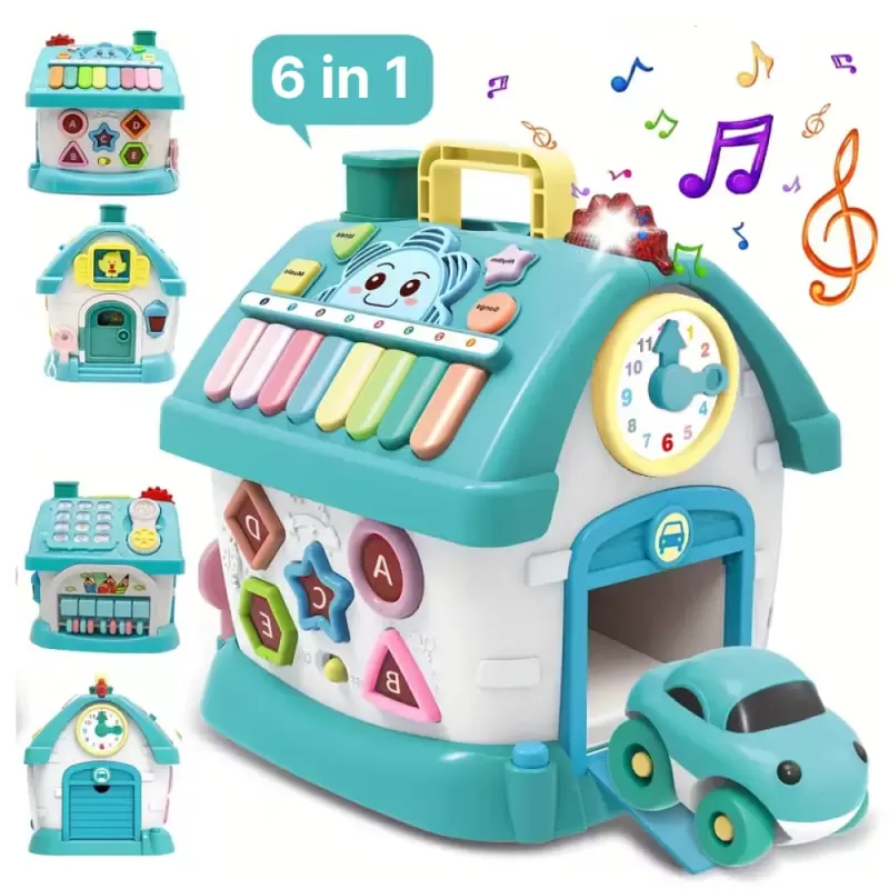 Casuta interactiva educativa pentru copii, cu sunete si lumini, 21x20x18,5 cm, albastru, 18 luni+