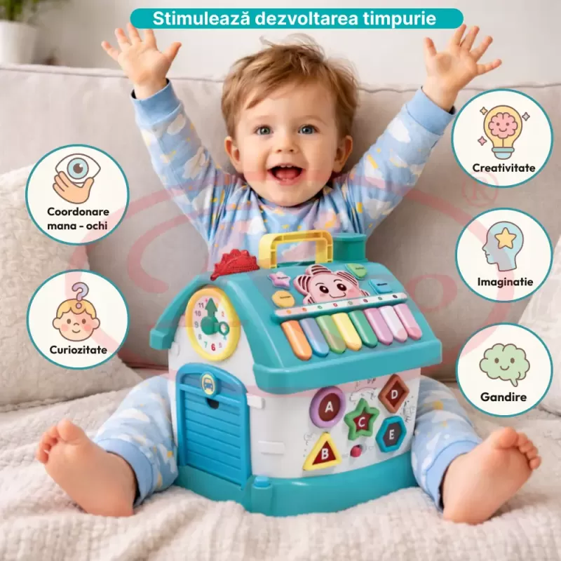 Casuta interactiva educativa pentru copii, cu sunete si lumini, 21x20x18,5 cm, albastru, 18 luni+