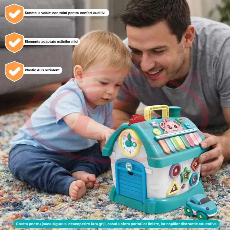 Casuta interactiva educativa pentru copii, cu sunete si lumini, 21x20x18,5 cm, albastru, 18 luni+