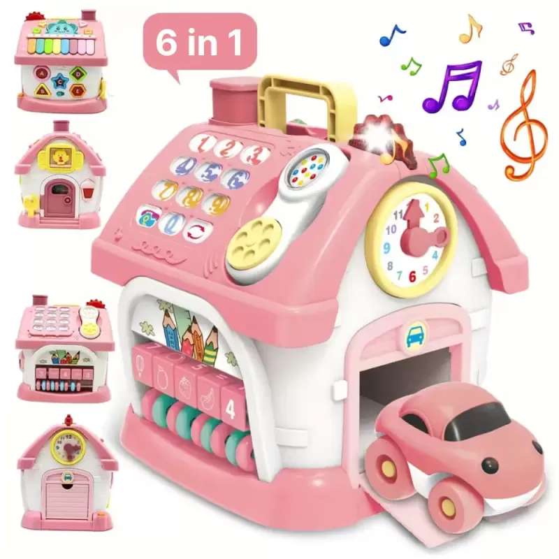 Casuta interactiva educativa pentru copii, cu sunete si lumini, 21x20x18,5 cm, roz, 18 luni+