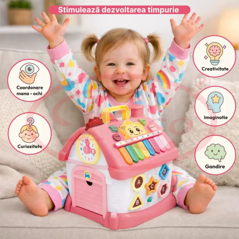 Casuta interactiva educativa pentru copii, cu sunete si lumini, 21x20x18,5 cm, roz, 18 luni+