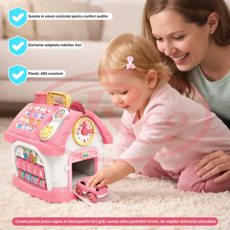 Casuta interactiva educativa pentru copii, cu sunete si lumini, 21x20x18,5 cm, roz, 18 luni+