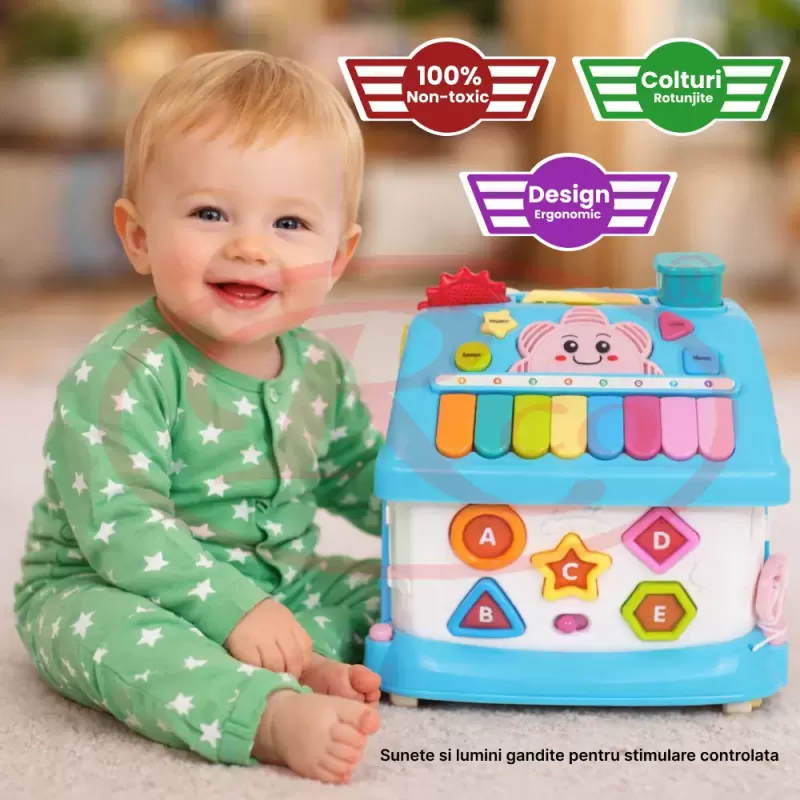 Casuta interactiva educativa pentru copii, cu sunete si lumini, 21x20x18,5 cm, albastru, 18 luni+