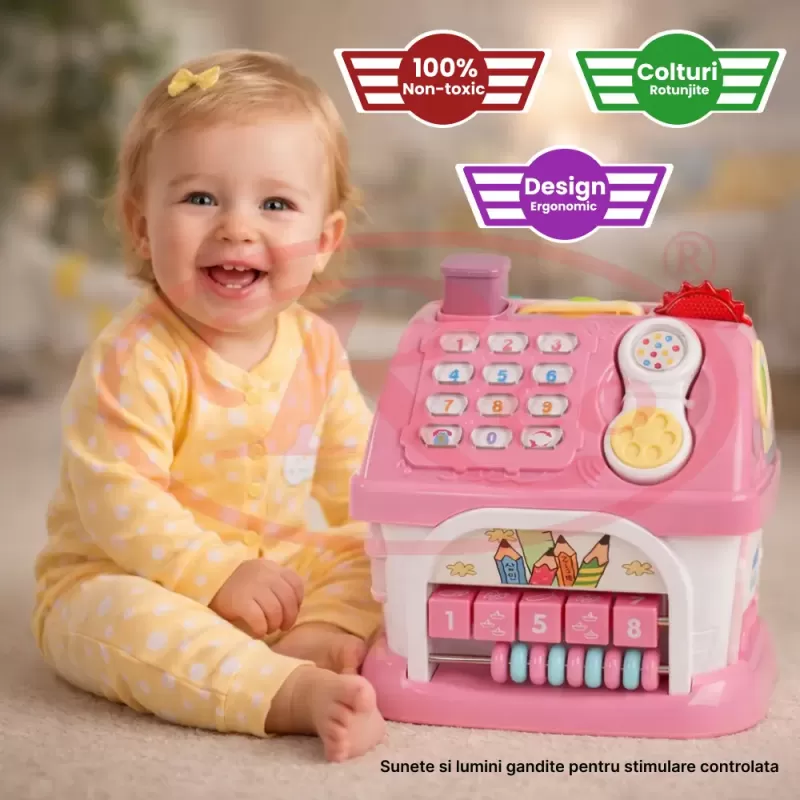 Casuta interactiva educativa pentru copii, cu sunete si lumini, 21x20x18,5 cm, roz, 18 luni+