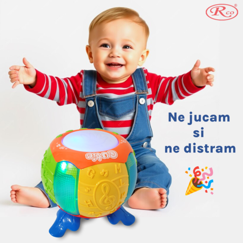Jucarie Interactiva muzicala, cu lumini multicolore si rotire 360°, Toba sub forma de Dovleac, 18x18 cm, +18 luni