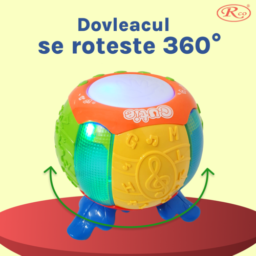 Jucarie Interactiva muzicala, cu lumini multicolore si rotire 360°, Toba sub forma de Dovleac, 18x18 cm, +18 luni