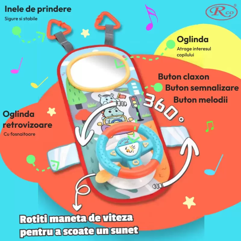 Jucarie interactiva Volan cu sunete si activitati multiple pentru masina sau patut, +18 luni