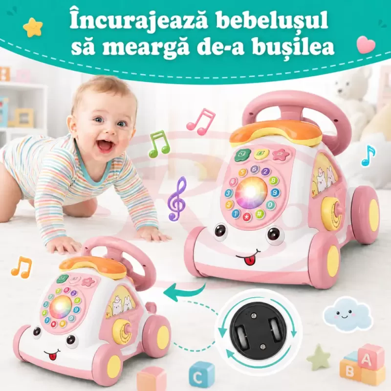 Jucarie Interactiva Masinuta cu Telefon, Volan, Lumini si Sunete Educative, Roz, 18 Luni+