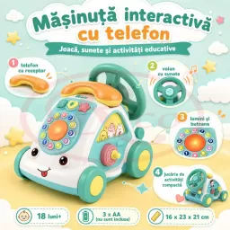 Jucarie Interactiva Masinuta cu Telefon, Volan, Lumini si Sunete Educative, Turcoaz, 18 Luni+