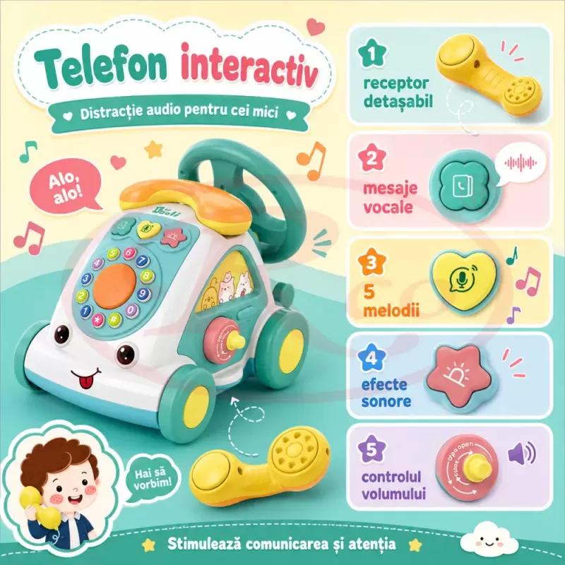 Jucarie Interactiva Masinuta cu Telefon, Volan, Lumini si Sunete Educative, Turcoaz, 18 Luni+