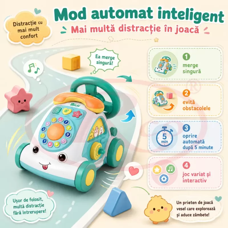 Jucarie Interactiva Masinuta cu Telefon, Volan, Lumini si Sunete Educative, Turcoaz, 18 Luni+